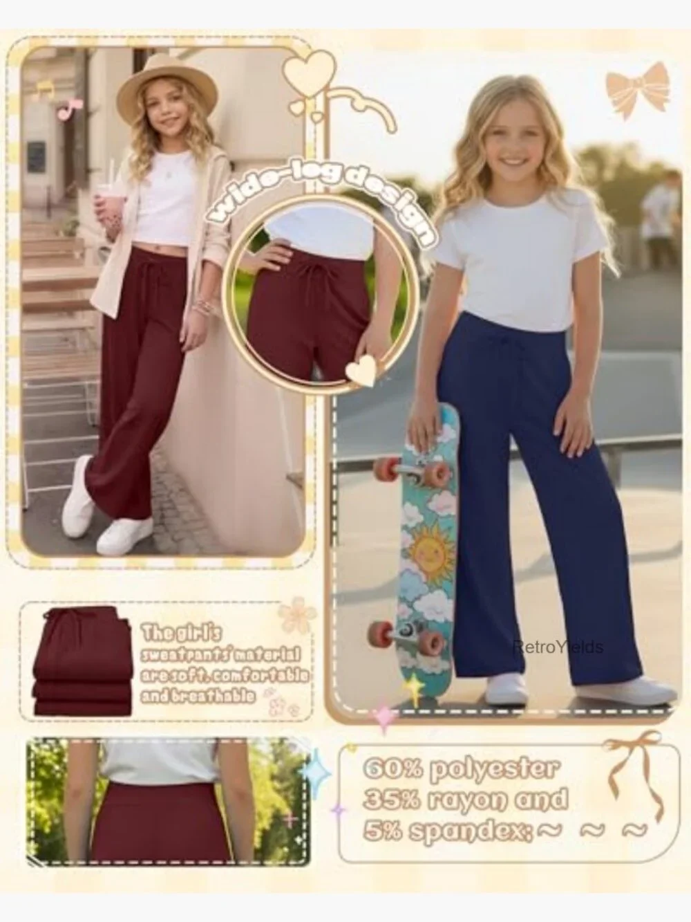 3pk Girls Wide Leg Joggers Elastic Waist Lightweight Sweatpants 5-14